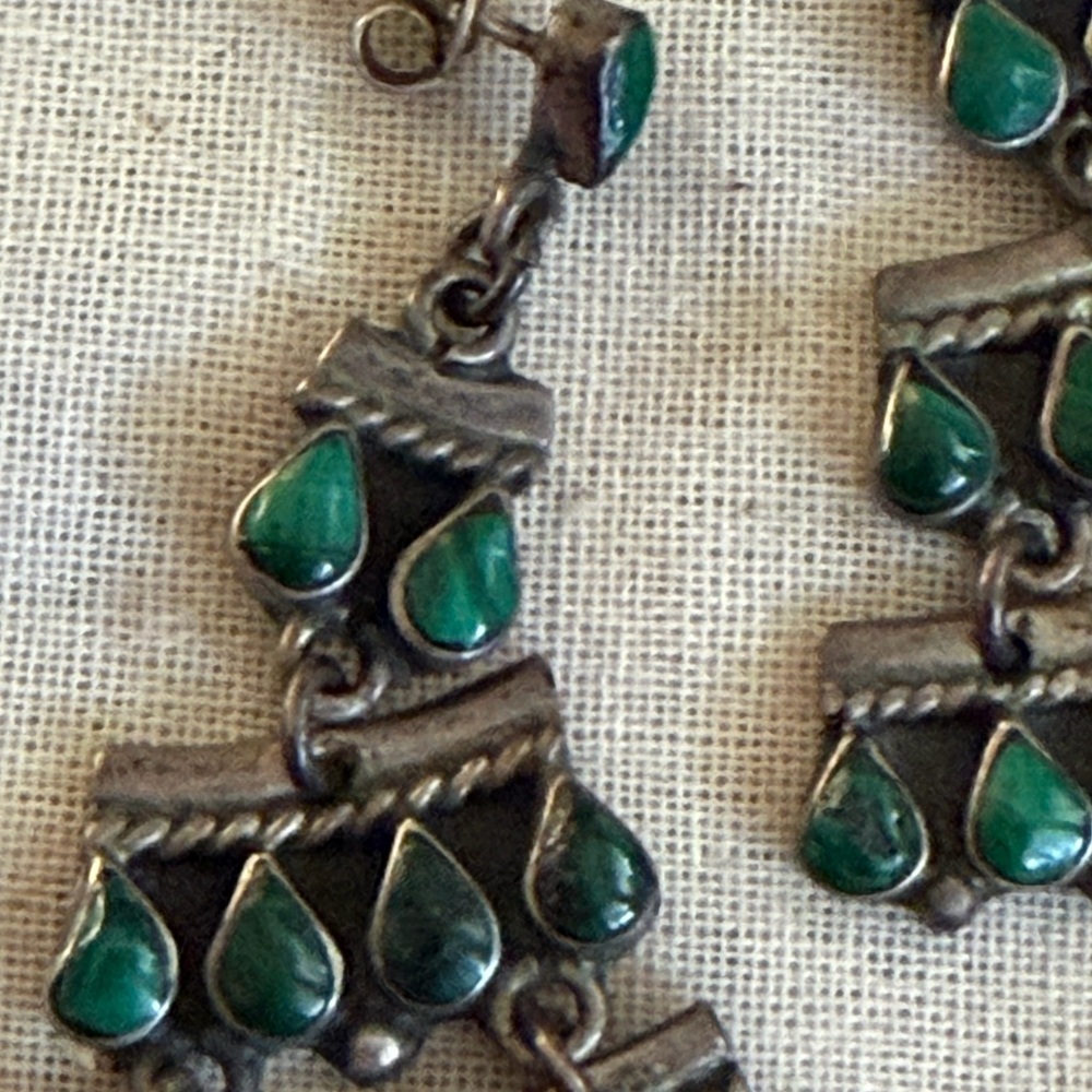 Vintage Mexican Sterling Silver Malachite Green Chandelier Earrings - Picture 4 of 7